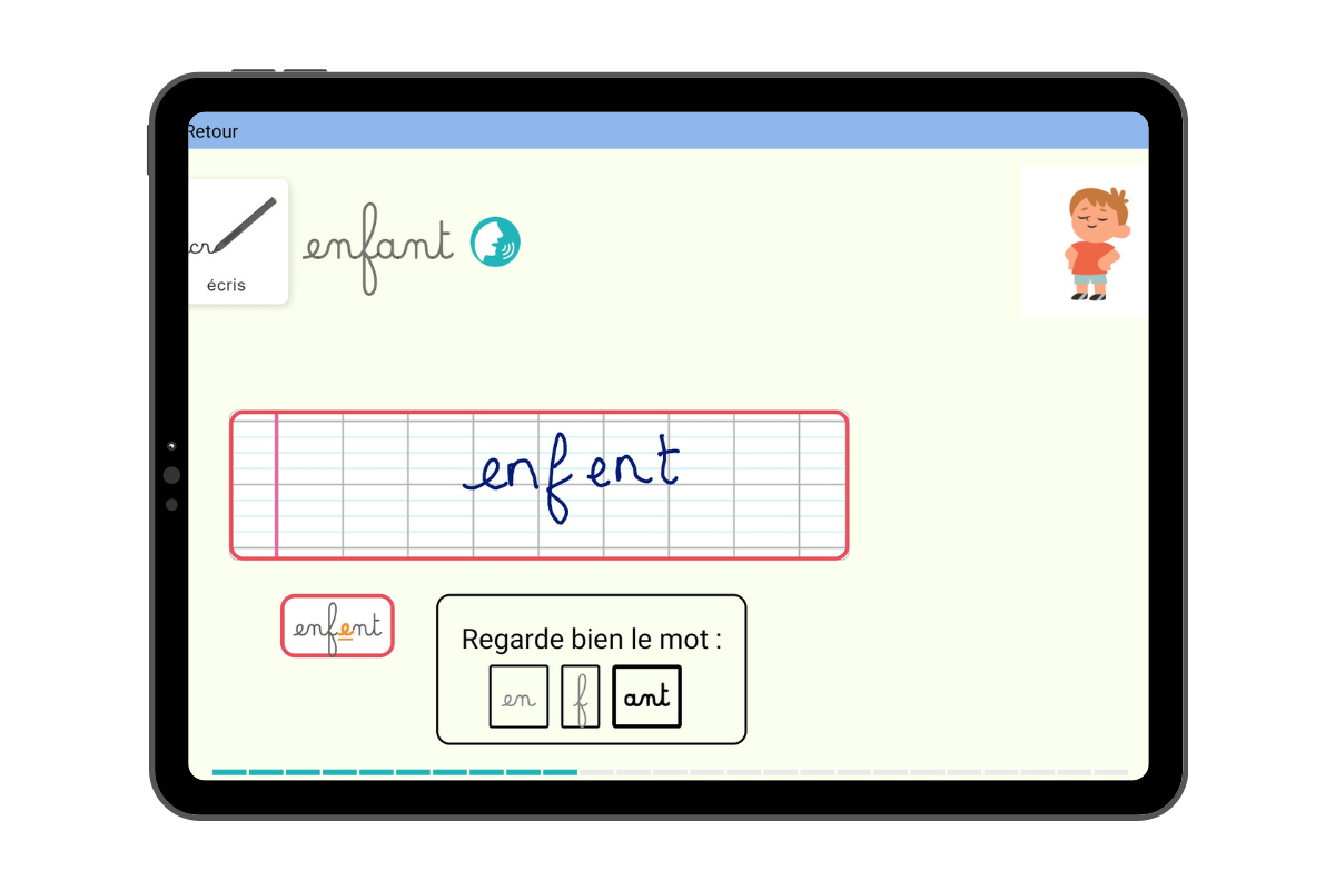 Kaligo montre à l’élève les lettres écrites de manière incorrecte ainsi que la bonne orthographe du mot, découpé en graphèmes