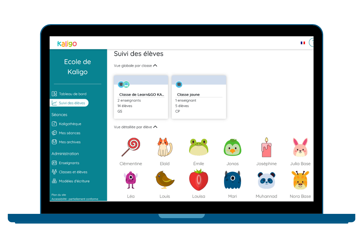 Page “Suivi des élèves” réorganisée pour un suivi simplifié sur Kaligo 