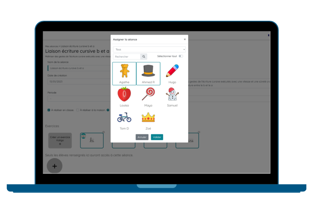 assigner une séance à des élèves sur kaligo
